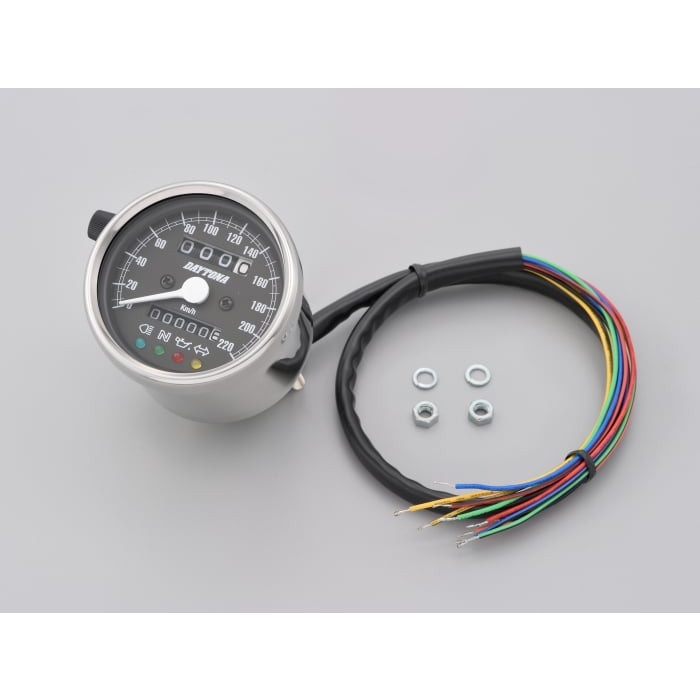 機械式スピードメーター (インジケーター付き) Φ60 ホワイトLED照明 220km / h ブラックパネル(ステンレスボディ)