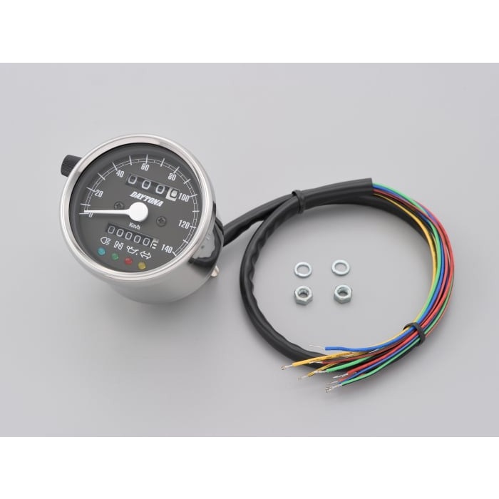 機械式スピードメーター (インジケーター付き) Φ60 ホワイトLED照明 140km / h ステンレスボディ(ブラックパネル)