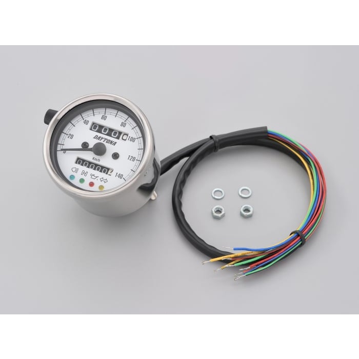 機械式スピードメーター (インジケーター付き) Φ60 ホワイトLED照明 140km / h ステンレスボディ(ホワイトパネル)