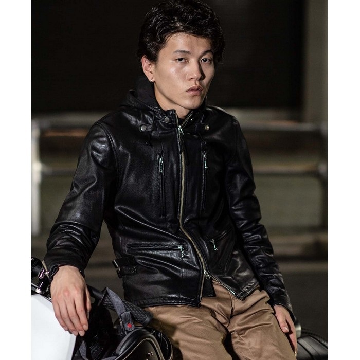1190 EURO CAPP フーデッドレザーライダースジャケット ブラック