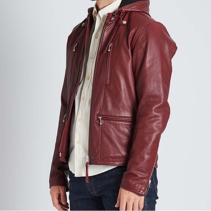 1190 EURO CAPP フーデッドレザーライダースジャケット ワイン｜レザー