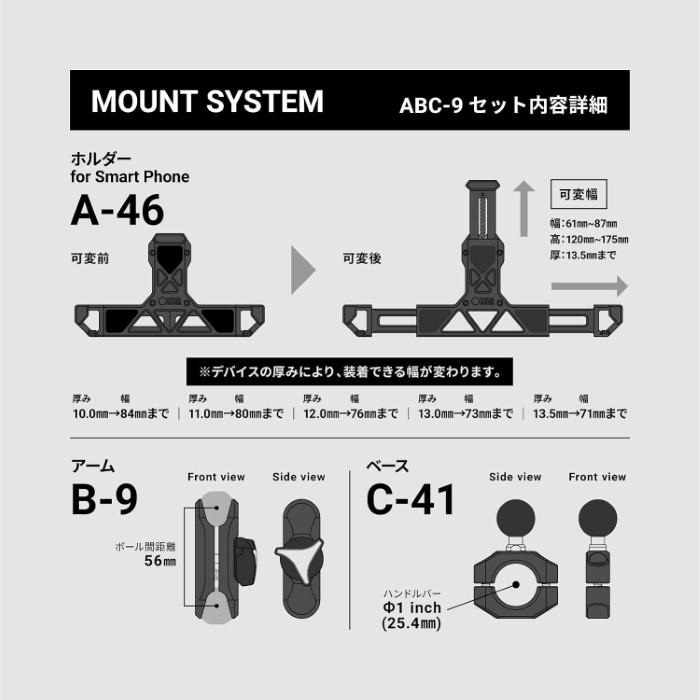ABC-9 スマートフォンホルダーセット5 限定ブラック Φ1インチ