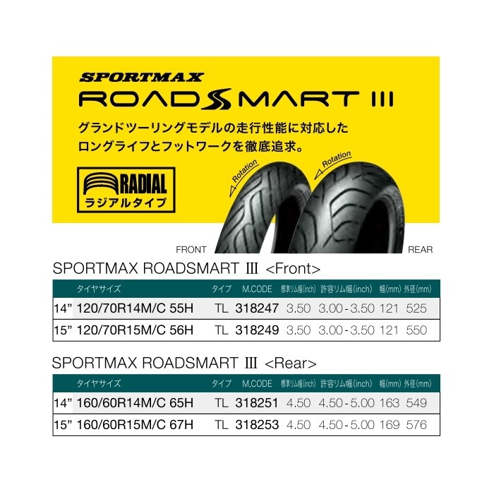 SPORTMAX ROADSMART 120/60 17 ロードスマートIII SPORTMAX（DUNLOP） 120/60ZR17MC (55W) + 160/60ZR17MC (69W